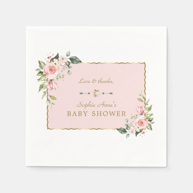 Serviette En Papier Charm rose Fleurs blanches Or Baby shower cadre Or (Devant)