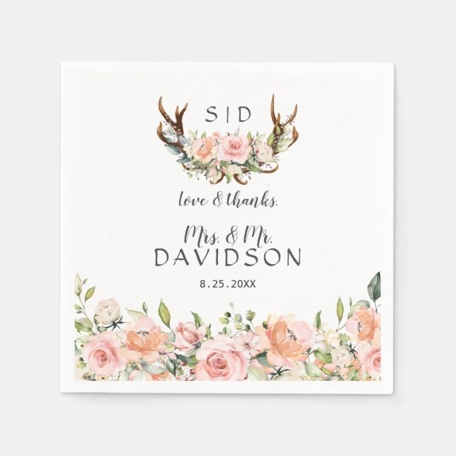 Serviette En Papier Charm rose Fleurs rousses Antlers Mariage Monogram (Devant)