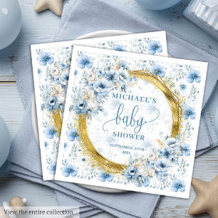 Serviette En Papier Charmant bleu poussiéreux fleurs or baby shower si