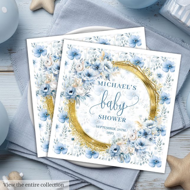 Serviette En Papier Charmant bleu poussiéreux fleurs or baby shower si (Charming dusty blue flowers gold baby shower nap Paper Dinner Napkins )