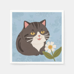 Serviette En Papier Charmant petit chat gris avec une fleur de camomil