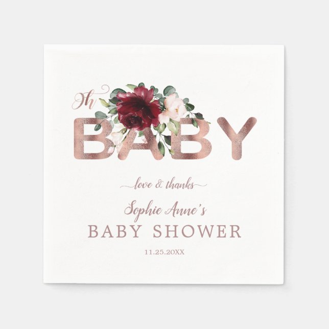 Serviette En Papier Charme Bourgogne rose Floral Baby shower fille or (Devant)