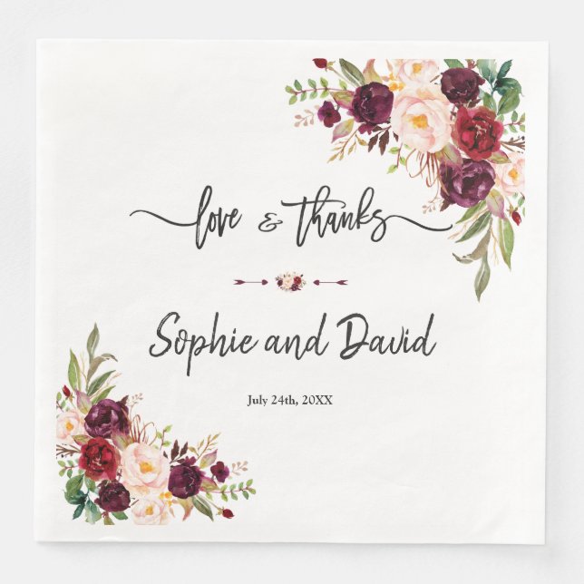 Serviette En Papier Charme Bourgogne Rouge Marsala Floral Mariage (Devant)