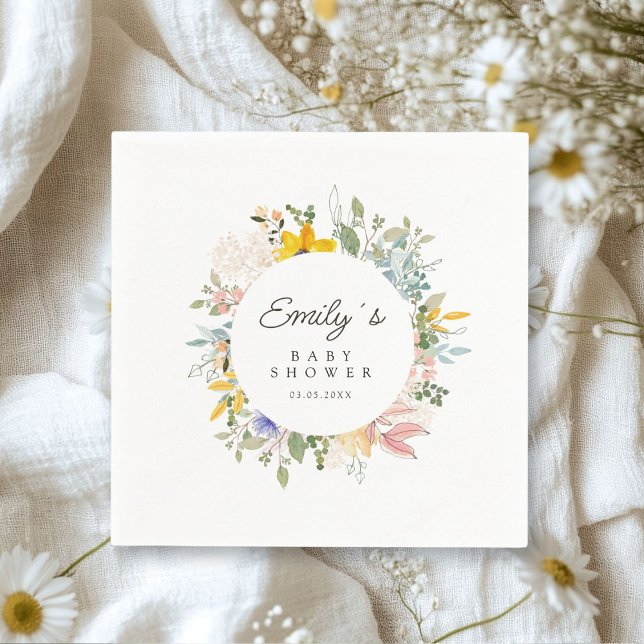 Serviette En Papier Charme de jardin fleur sauvage | Accueil baby show (Custom Wildflower Garden Charm | Baby Shower Welcome Napkins with your Name & Date.)