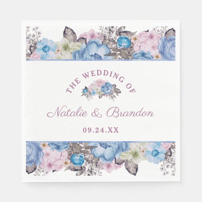 Serviette En Papier Charme parisien Bleu & Rose Floral Mariage Monogra (Devant)