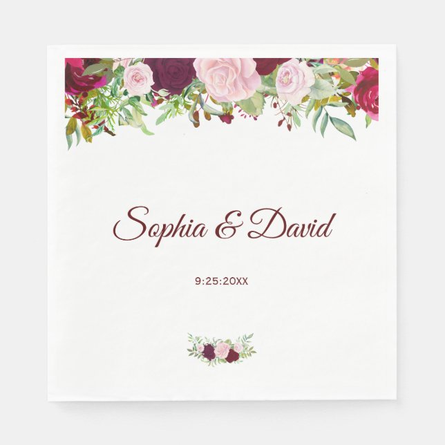 Serviette En Papier Charme Rustique Bourgogne Marsala Floral Mariage (Devant)