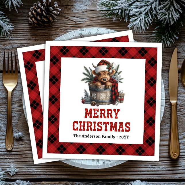 Serviette En Papier Charming highland cow holiday red black tartan (Charming highland cow holiday red black tartan Paper Dinner Napkins)