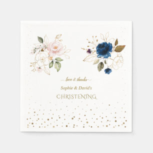Serviette En Papier Charming Rose Blue Gold Flowers Twins Christening