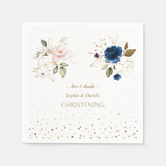 Serviette En Papier Charming Rose Blue Gold Flowers Twins Christening (Devant)