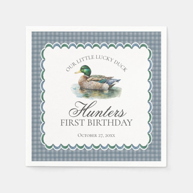 Serviette En Papier Chasse au canard colvert Gingham bleu Garçon Anniv (Devant)