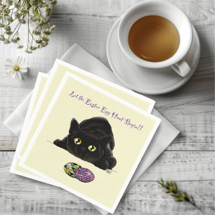 Serviette En Papier Chasse aux œufs de Pâques de chat noir Fête jaune