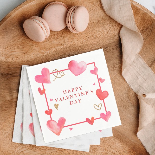 Serviette En Papier Châssis de coeur aquarelle Valentine (Celebrate Valentine's day with these beautiful napkins with watercolor pink hearts.)