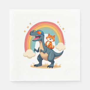 Serviette En Papier Chat à cheval sur un dinosaure T-Rex Chat arc-en-c