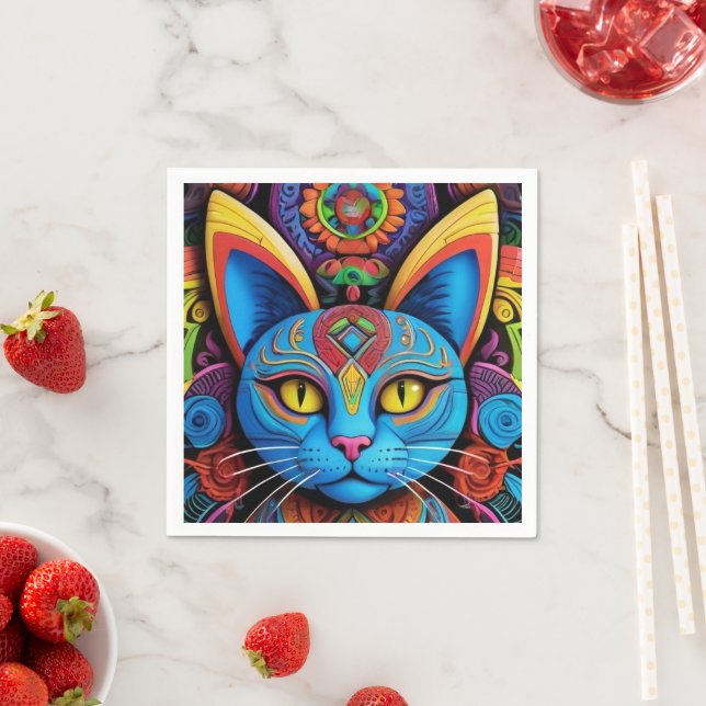 Serviette En Papier Chat Abstrait aux yeux jaunes (En situation)