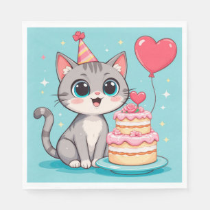 Serviette En Papier Chat adorable célébrant son anniversaire avec un g