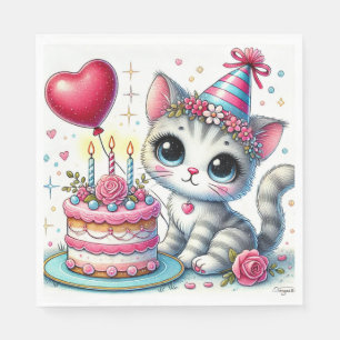 Serviette En Papier Chat adorable célébrant son anniversaire avec un g