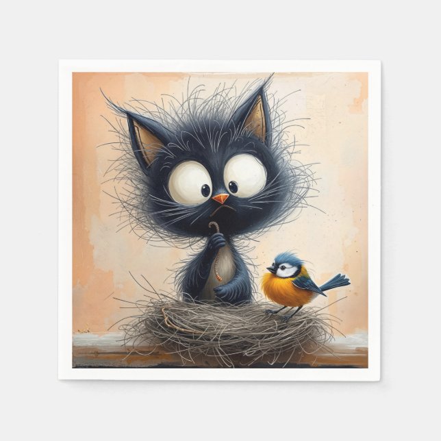 Serviette En Papier Chat aux yeux larges et grossiers tenant un ver po (Devant)