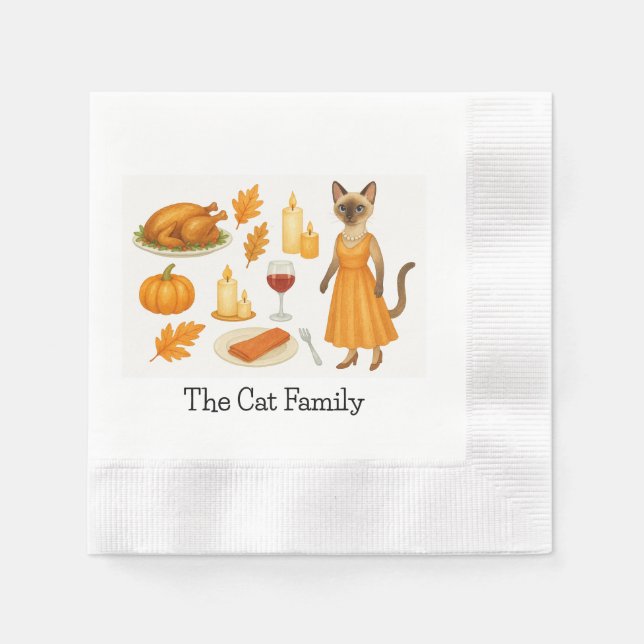 Serviette En Papier Chat avec citrouille et dinde pour Thanksgiving (Devant)