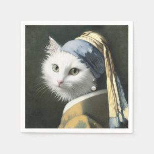 Serviette En Papier Chat blanc avec une perle à oreille peinture