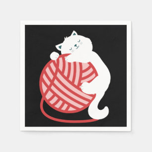 Serviette En Papier Chat blanc mignon avec boule de fil
