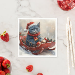 Serviette En Papier Chat bleu oriental dans un traîneau Laissez neige