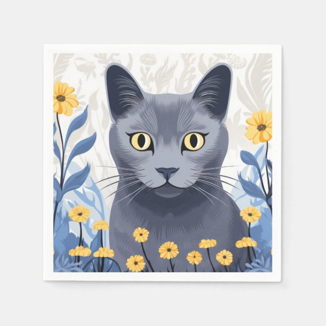 Serviette En Papier Chat Bleu Russe Fleurs Jaunes (Devant)