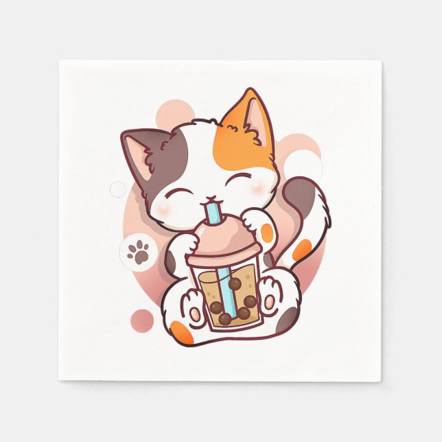 Serviette En Papier Chat Boba Tea Bubble Tea Anime Kawaii Neko pour fi (Devant)