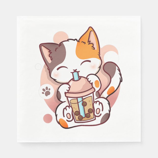 Serviette En Papier Chat Boba Tea Bubble Tea Anime Kawaii Neko pour fi (Devant)