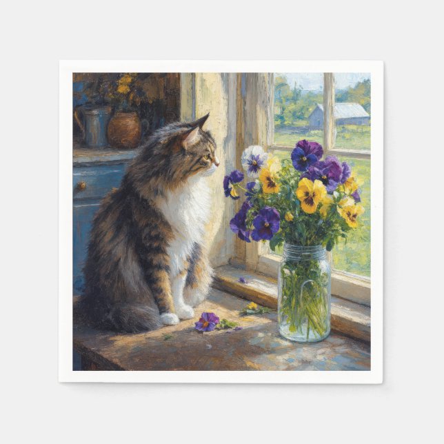 Serviette En Papier Chat calicot avec bouquet de pensées près de la fe (Devant)