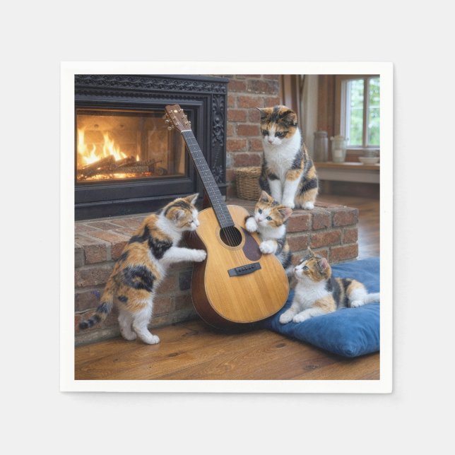 Serviette En Papier Chat calicot avec chatons et guitare (Devant)