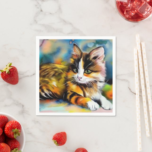 Serviette En Papier Chat couché, aquarelle (En situation)