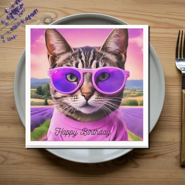 Serviette En Papier Chat d'anniversaire dans le champ de lavande (Créateur téléchargé)