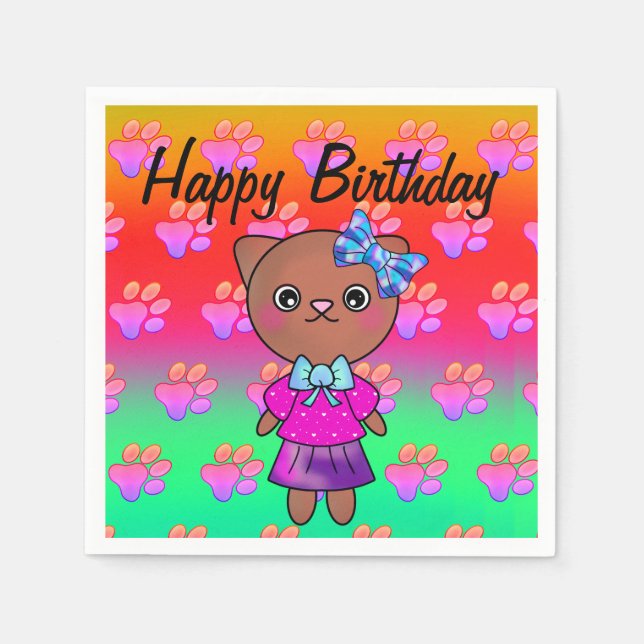 Serviette En Papier Chat d'anniversaire mignon avec des Empreintes de  (Devant)