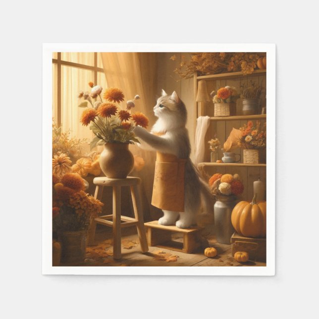 Serviette En Papier Chat d'automne avec fleurs - Saison d'automne Than (Devant)