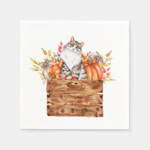 Serviette En Papier Chat d'automne et citrouilles dans une boîte