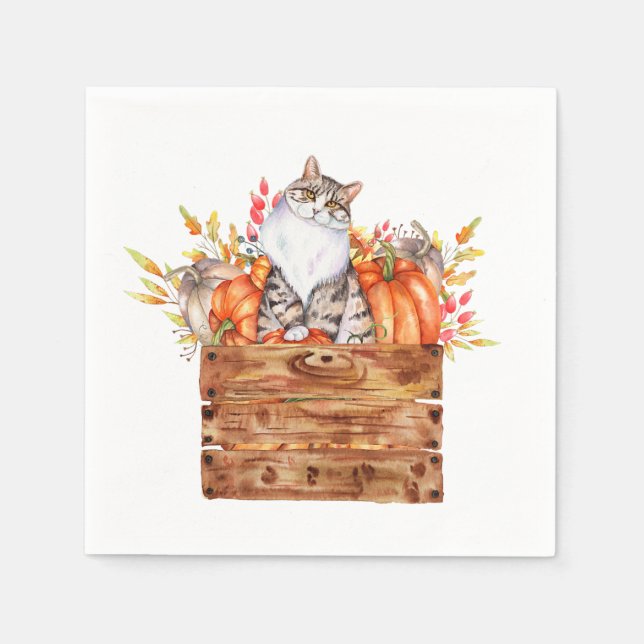 Serviette En Papier Chat d'automne et citrouilles dans une boîte  (Devant)