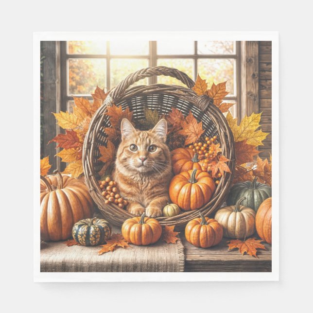 Serviette En Papier Chat de gingembre à Thanksgiving Cornucopia (Devant)