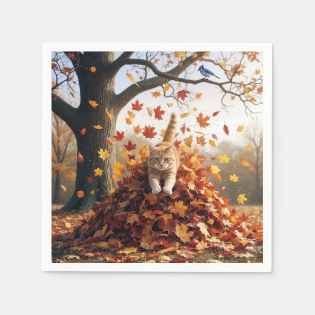 Serviette En Papier Chat de gingembre sautant de la feuille d'automne  (Devant)