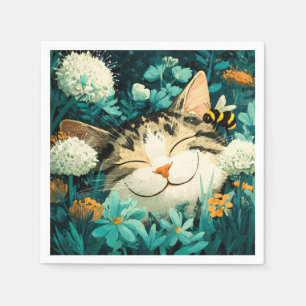 Serviette En Papier Chat de jardin endormi à l'aquarelle avec fleurs e