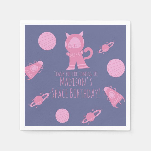 Serviette En Papier Chat de l'espace Galaxie Rose Anniversaire   (Devant)