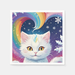 Serviette En Papier Chat de Noël à la neige blanche
