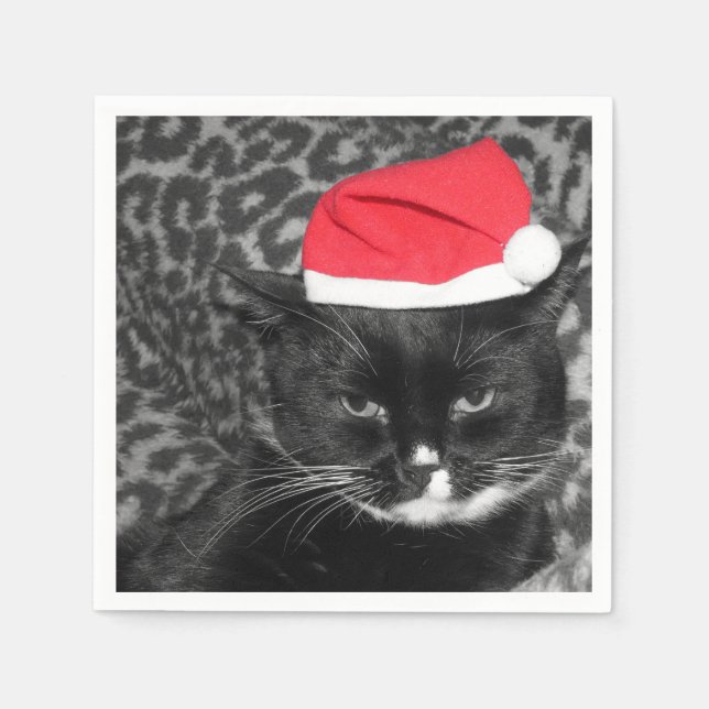 Serviette En Papier Chat de Noël avec casquette Père Noël (Devant)