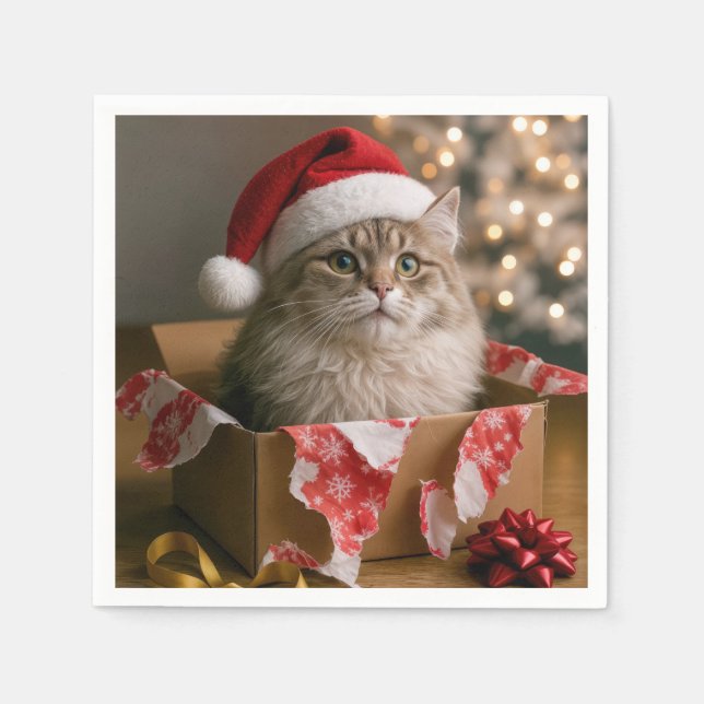Serviette En Papier Chat de Noël dans une boîte (Devant)