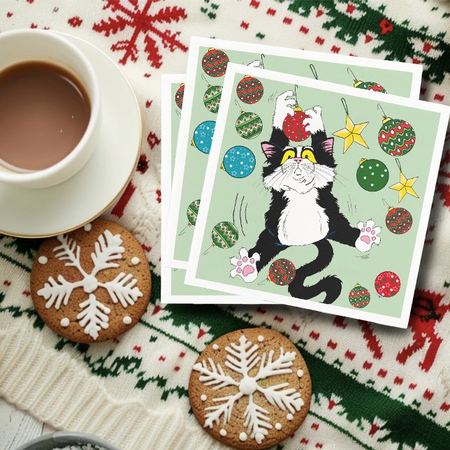 Serviette En Papier Chat de Noël noir blanc Tuxedo (Créateur téléchargé)