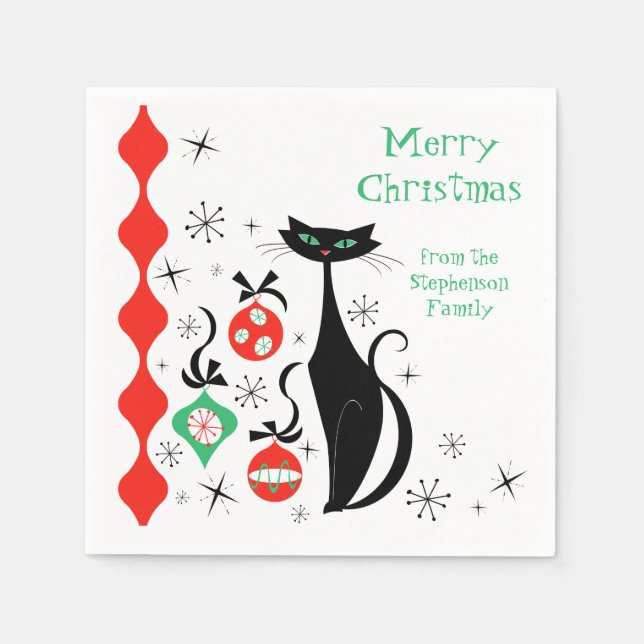 Serviette En Papier Chat de Noël Rétro Rayure Latérale Texte Joyeux No (Devant)