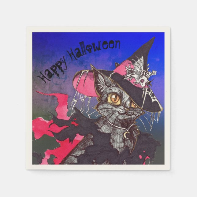 Serviette En Papier Chat de sorcière Halloween heureux (Devant)