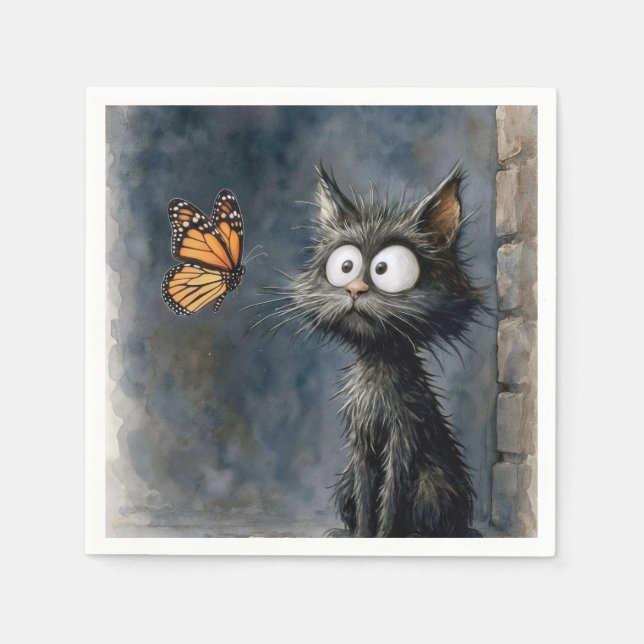 Serviette En Papier Chat dépenaillé fixant un papillon (Devant)