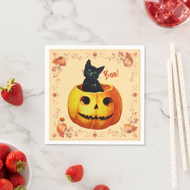 Serviette En Papier Chat d'Halloween en Coussin Citrouille (En situation)