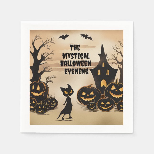 Serviette En Papier Chat d'Halloween et Maison hantée (Devant)