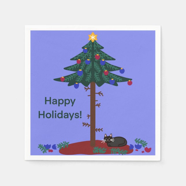 Serviette En Papier Chat drôle avec arbre de Noël (Devant)